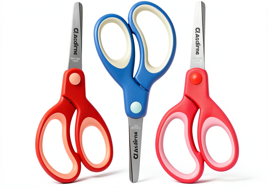 Asdirne safety scissors in red, blue, and pink colors on a craft table