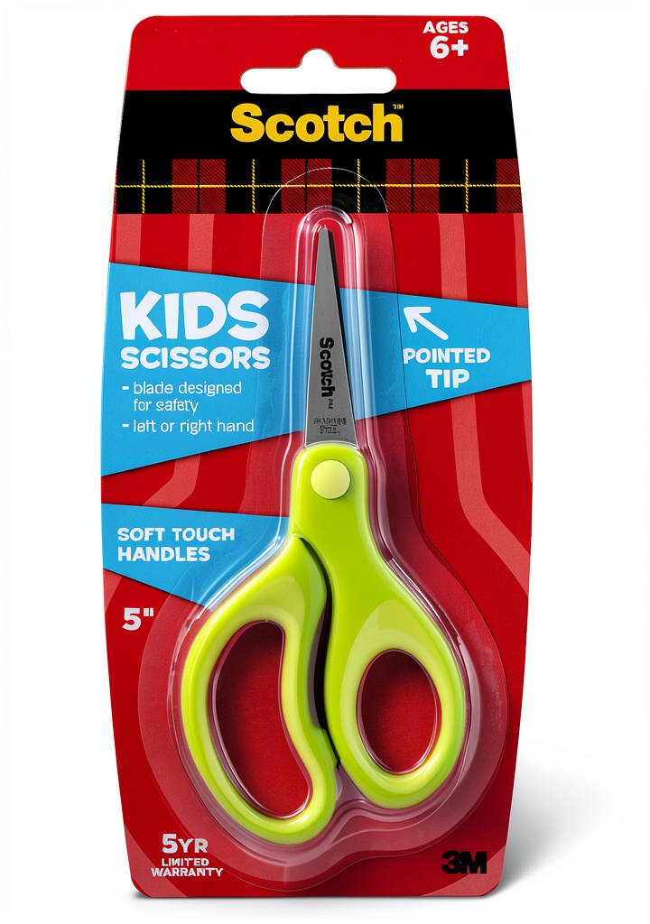 Scotch blunt tip scissors with soft grip handles on a classroom desk